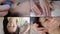 Face massage treatments in beauty salon, work of cosmetologist with asian woman, four shot collage