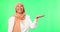 Face, muslim woman and hand presentation on green screen in studio isolated on a background. Portrait, palm space and