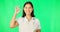 Face, ok hands and happy woman on green screen, background and support of small business startup. Portrait of female