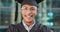 Face, outdoor and man with graduation, education and celebration with cap, robe or university. Portrait, person and