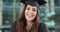 Face, outdoor and woman with graduation, education and celebration with cap, scholarship or university. Portrait, person