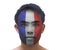 Face painting of serious asian young France football fan on whit