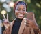 Face, phone selfie and black woman with peace sign at park outdoors. Technology, cellphone and female with hand gesture