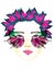 Face with pink fairy eyes with makeup, pink and green turquoise butterfly wings shape eyeshadows, chubby lips, floral hairstyle