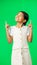 Face, pointing and girl with motivation, green screen and choice with inspiration, happiness and show. Portrait, female