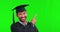 Face, pointing man and graduate on green screen in studio isolated on a background mockup. Portrait, graduation and