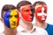 Face portrait of football fans support their national team: Romania, Albania, Switzerland