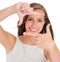 Face portrait, hands frame and woman in studio isolated on a white background. Makeup, photography hand gesture and