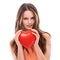 Face portrait, heart balloon and woman in studio isolated on white background. Love, affection and young female model