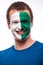 Face Portrait of Northern Irishman football fan pray for Northern Ireland national team