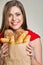 Face portrait of woman with bread.