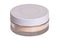 Face powder . Closeup of translucent loose powder for face in a closed jar isolated on white background. Concept beauty