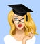 Face of a pretty blonde girl in glasses looking up with a graduate cap on her head