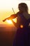 Face profile silhouette of a female figure playing the violin at sunset, performance on nature, girl with musical instrument under