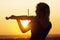 Face profile silhouette of a female figure playing the violin at sunset, performance on nature, girl with musical instrument under