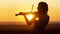 Face profile silhouette of a female figure playing the violin at sunset, performance on nature, girl with musical instrument under