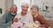 Face, retirement and senior friends at a tea party together during a visit in a home for bonding. Portrait, smile and