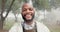 Face, selfie or happy black man in nature for camping, blog or post on social media app for adventure. Portrait