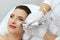 Face Skin Care. Closeup Of Woman Face Cleansing At Cosmetology