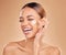 Face skincare, funny and woman with cream in studio  on a brown background. Laughing, beauty cosmetics and happy