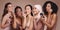 Face, skincare makeup and group of women in studio on a brown background. Beauty portrait, diversity and female models