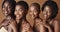 Face, skincare and smile with black woman friends in studio on a brown background for natural wellness. Portrait, beauty