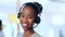Face, smile and black woman in call center for telemarketing, customer service and support. Portrait, sales agent and