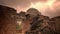 Face of strong caucasian soldier in uniform, standing alone in empty destroyed brick building, surrounded with cloudy