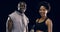 Face, sweat and smile for fitness with a black couple in studio on a dark background for health. Portrait, happy or