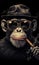 Face of a top monkey smoking a cigar. A monkey wearing glasses and a hat smoking a cigarette