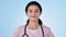 Face, woman and nurse, healthcare and smile with expert medical professional on blue background. Headshot, portrait and