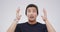 Face, wow or asian man with excited surprise on white background or announcement, news or omg emoji for information