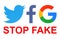 Facebook, Twitter and Google icons with stop fake words