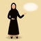 Faceless cartoon arabic muslim beautiful woman manager or teacher in hijab and fashion abaya from UAE or Saudi Arabia show offer.