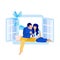 Faceless Couple Sitting on Windowsill Cartoon