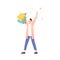 Faceless excited person enjoy shopping. Man holding paper bags with raised hand. Flat vector illustration of young happy