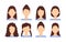 Faceless Female Faces. Set. Brunette Women Blank Empty Faces with Beautiful Hairstyles. Caucasian Skin. Brown Hair. Front view.