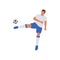 Faceless Footballer Player Kicking Ball On White