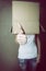 Faceless girl with box on her head LIKE with thumb up, social ne