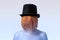 A faceless, incognito woman. Woman in black hat with facial hair. Mystery, hiding, android concept