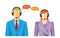 Faceless man and woman call center wearing headsets with colorful speech bubbles conceptual of client services and communication