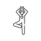 Faceless person stands in tree pose vrikshasana black line icon. Yoga pose. Asana. Home leisure. Vector isolated illustration.
