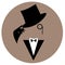 Faceless vintage gentleman in tuxedo and hat with monocle