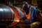 Faceless welder works at an industrial pipeline close-up