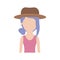 Faceless woman half body with hat and t-shirt sleeveless with collected hair and fringe in colorful silhouette