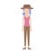Faceless woman with hat and t-shirt sleeveless and pants and heel shoes with collected hair and fringe in colorful