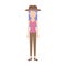 Faceless woman with hat and t-shirt sleeveless and pants and heel shoes with long straight hair in colorful silhouette
