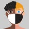 Faces of African-American and white men in masks with are divided in half and combined into one face as an equal sign. Justice and