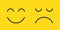 Faces with happy smile and sad. Unhappy smiley on yellow background. Icon in line style. Cartoon logo with emoji. Mouth after