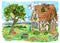 Fachwerk cottage house with apple tree, old well, garden objects and bird